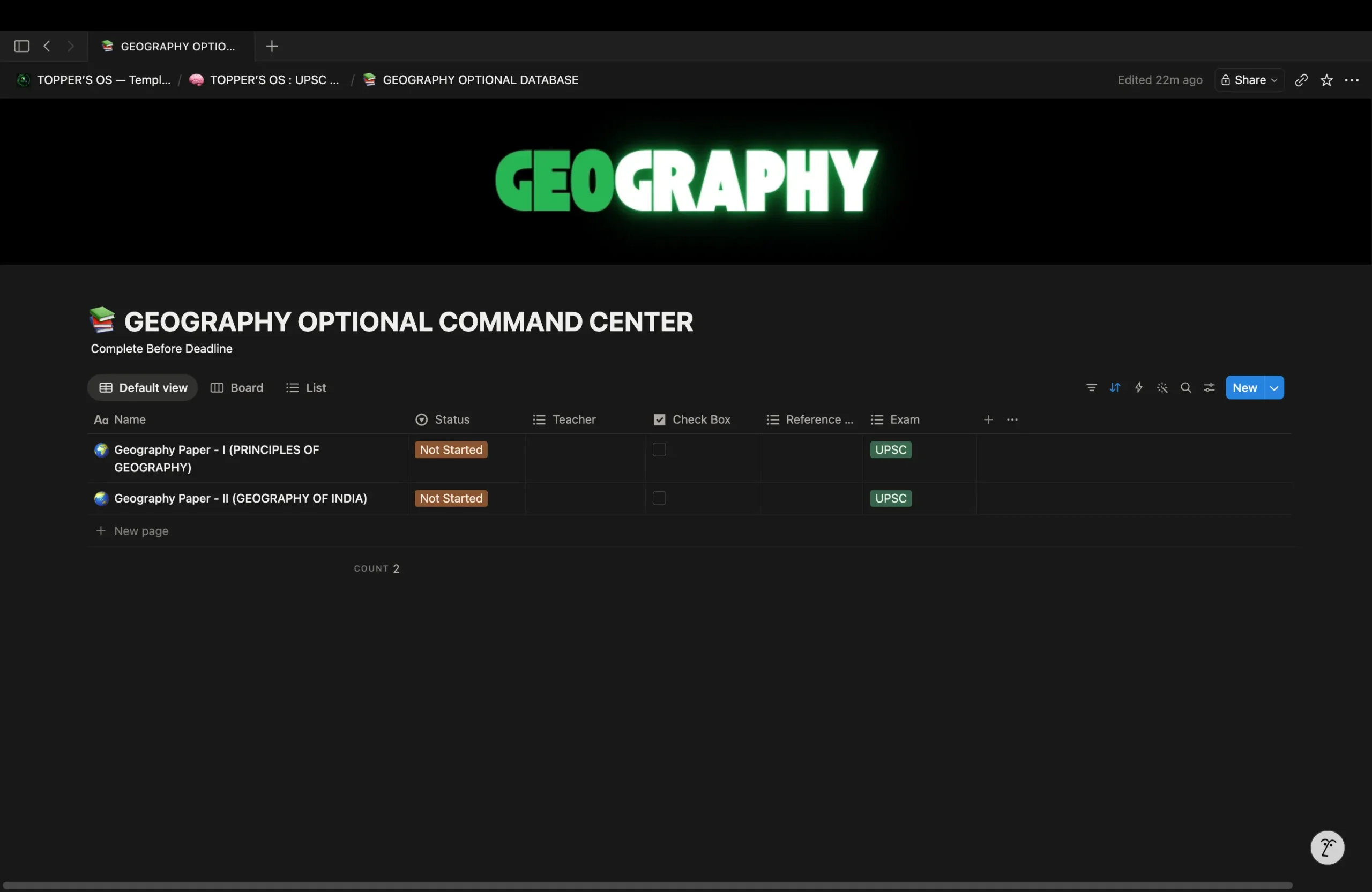Geography Command Center in Topper's OS showing the Geography optional syllabus organized in a dashboard