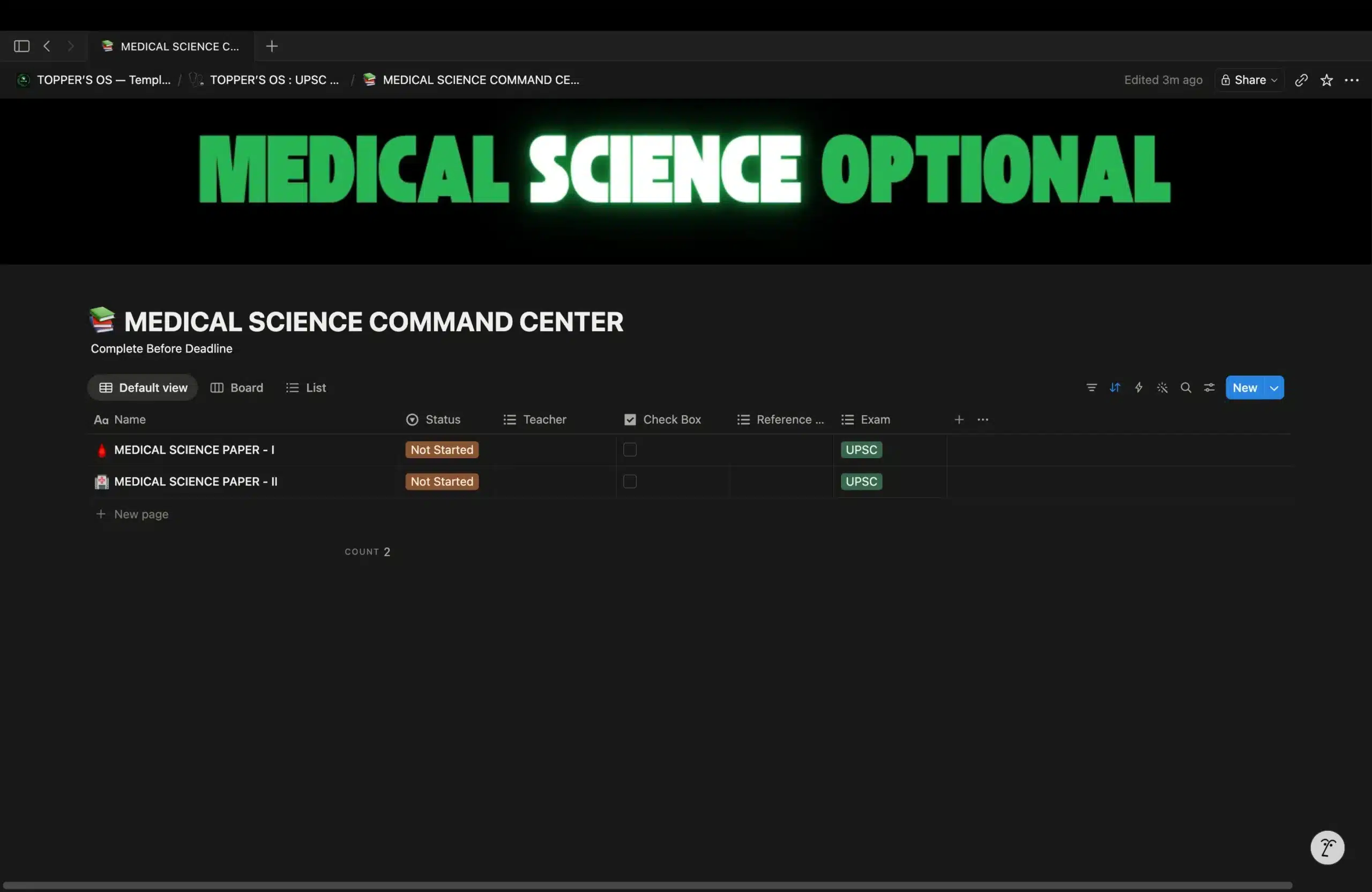 Medical Science Command Center in Topper's OS showing the Medical Science optional syllabus organized in a dashboard