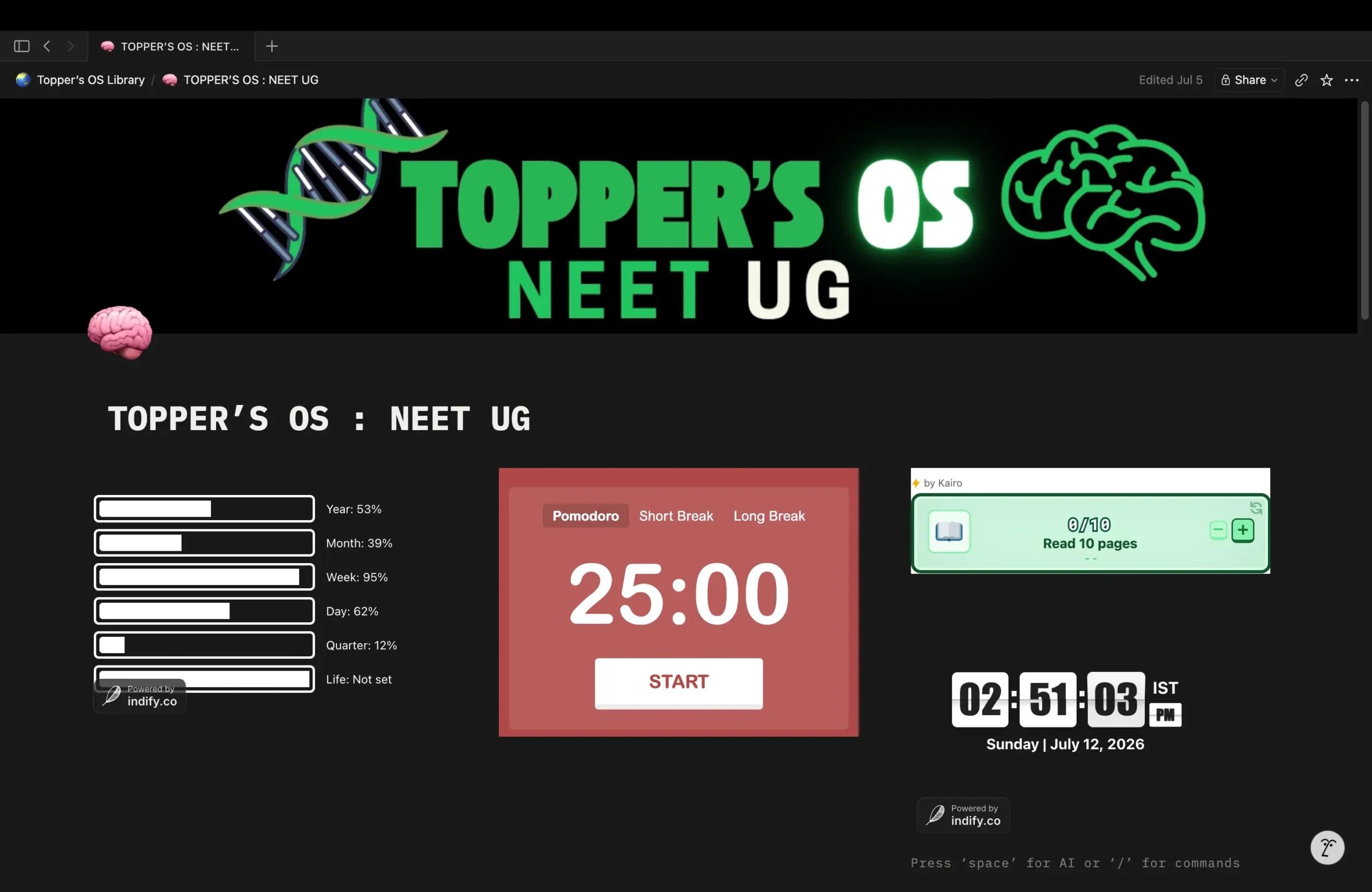Topper's OS NEET UG dashboard with Pomodoro timer and live progress tracking