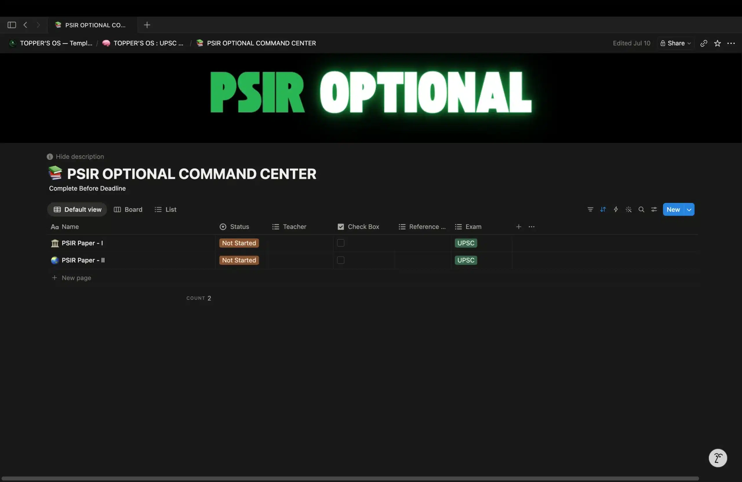 PSIR Command Center in Topper's OS showing the Political Science and International Relations optional syllabus organized in a dashboard