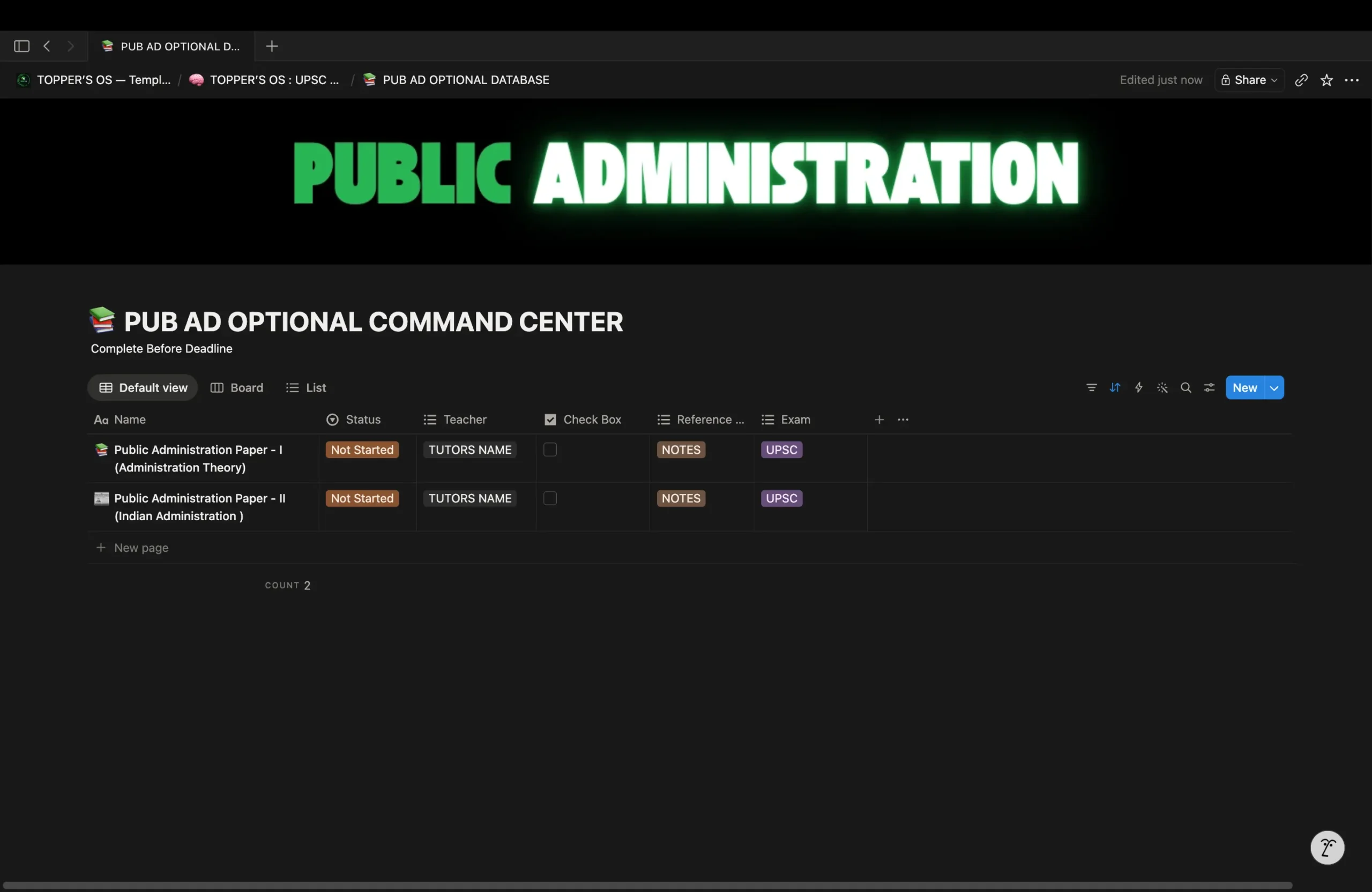Public Administration Command Center in Topper's OS showing the Public Administration optional syllabus organized in a dashboard