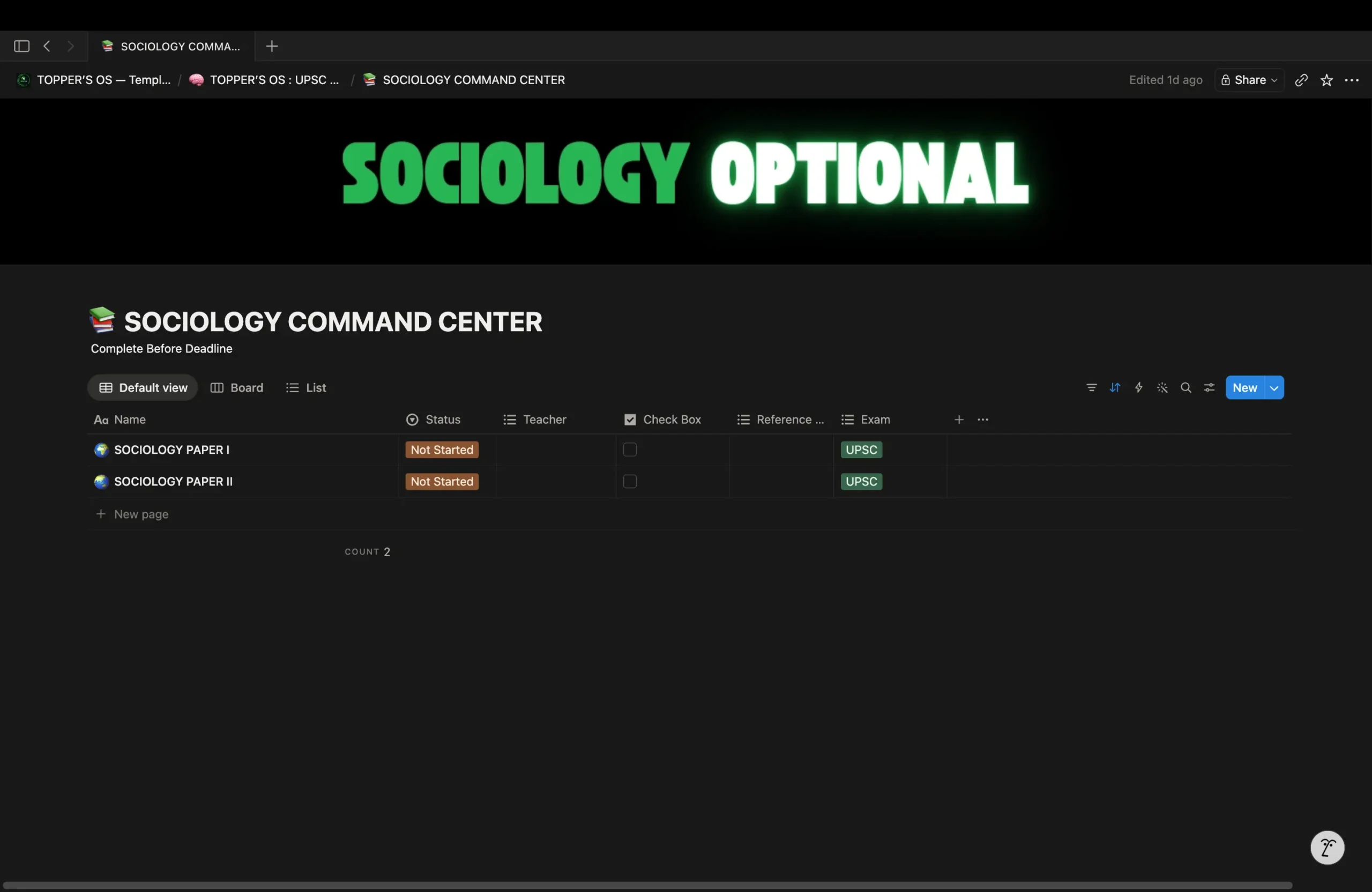 Sociology Command Center in Topper's OS showing the Sociology optional syllabus organized in a dashboard
