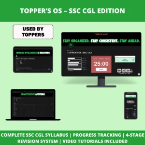 Topper's OS – SSC CGL Edition dashboard showing all four tiers, subject tracking, and a live study timer on desktop, laptop, and mobile.