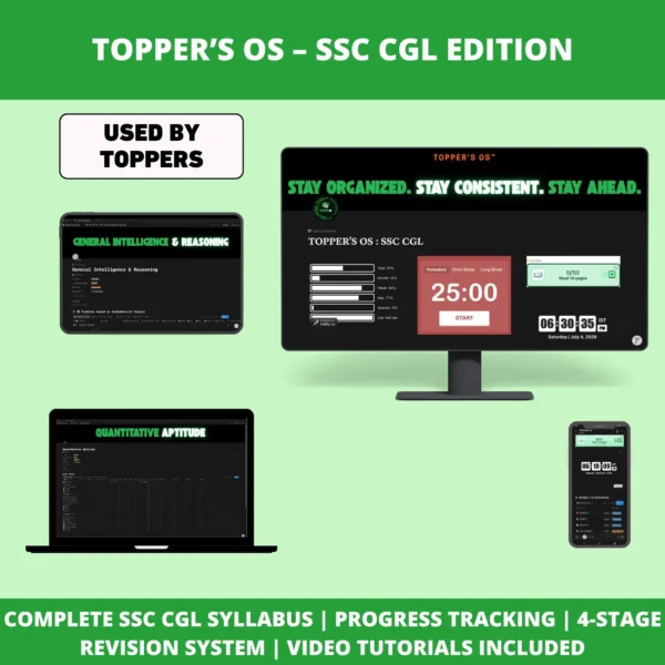 Topper's OS – SSC CGL Edition dashboard showing all four tiers, subject tracking, and a live study timer on desktop, laptop, and mobile.